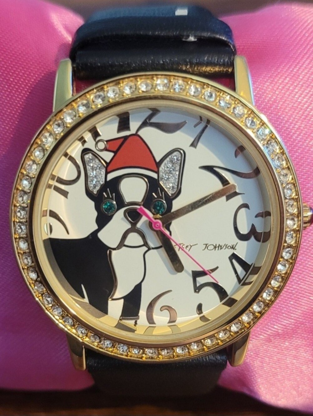 Betsey Johnson Black & Gold Santa Hat French Bulldog Crystal Bezel Watch Green